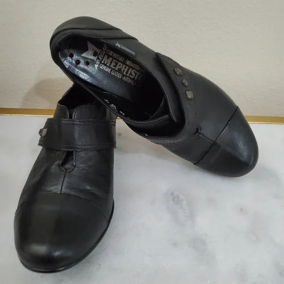 Mephisto Black Leather Round Toe Chunky Heel Velcro Strap Women's Shoe 5 1/2 8 - Picture 12 of 15